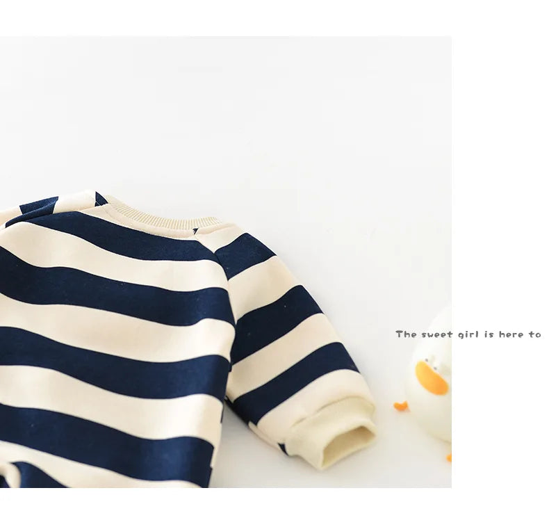 MILANCEL Thicken Lining Boys Baby Rompers Striped Cartoon Girls Jumpsuits Bear Outfit