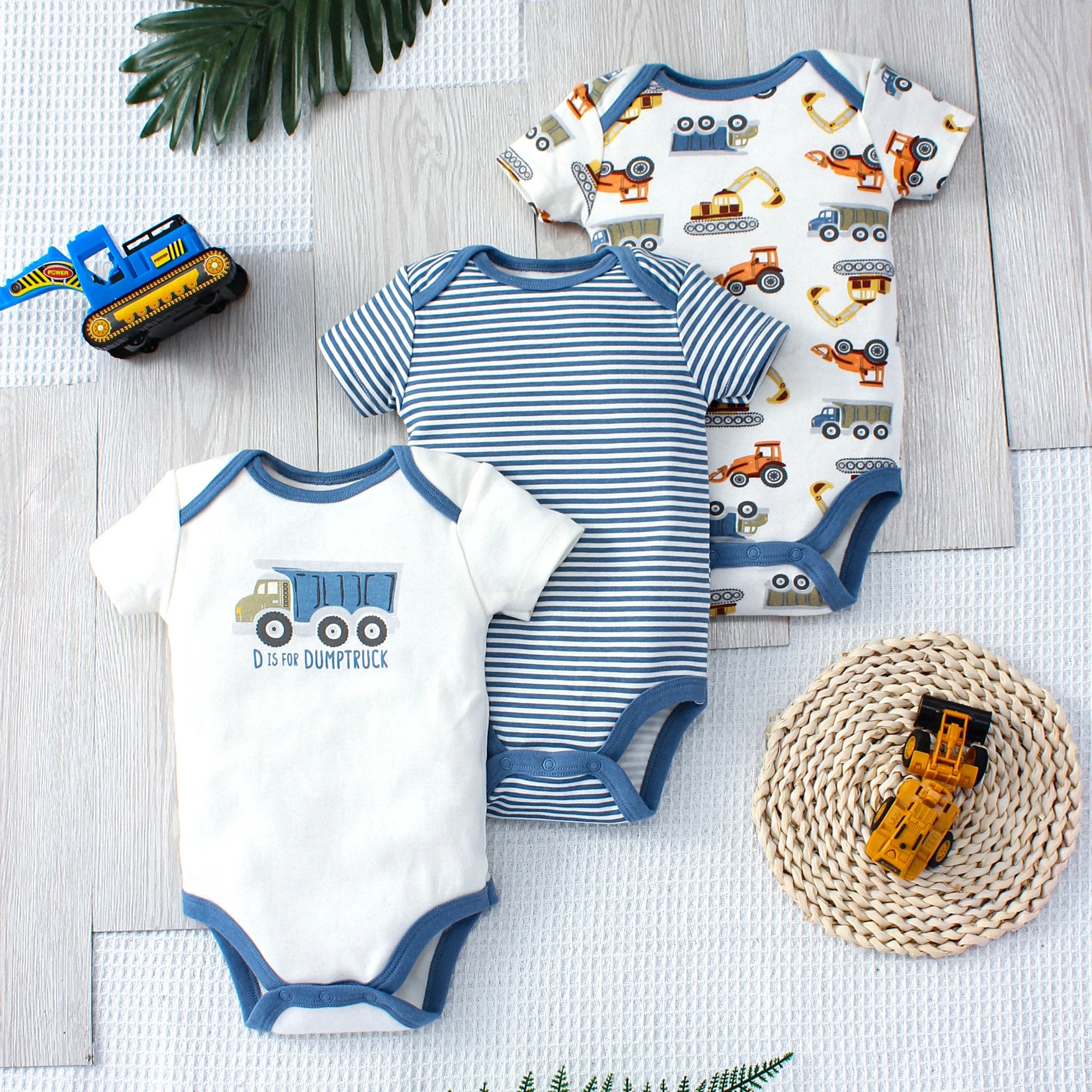 3PCS Summer Boys Baby Bodysuit Three piece Set Cartoon Truck and Stripe Pattern Short Sleeve Button Design Triangle Bodysuit