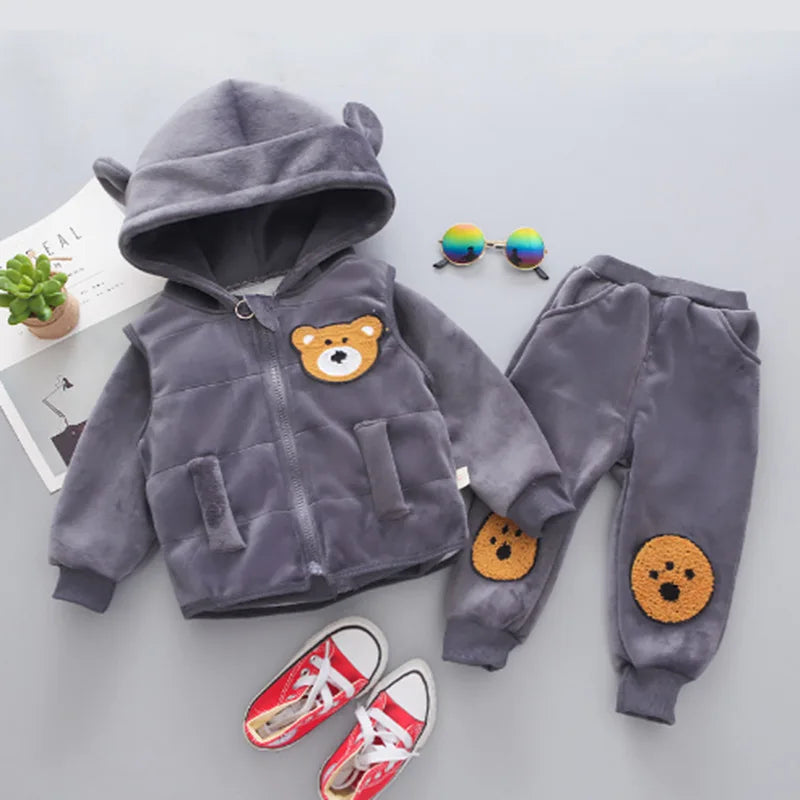 Children's Autumn and Winter Set 2024 Boys and Girls Cartoon Plush Coat+Hooded Vest+Pants Set Baby Warm Three Piece Set 0-4Y