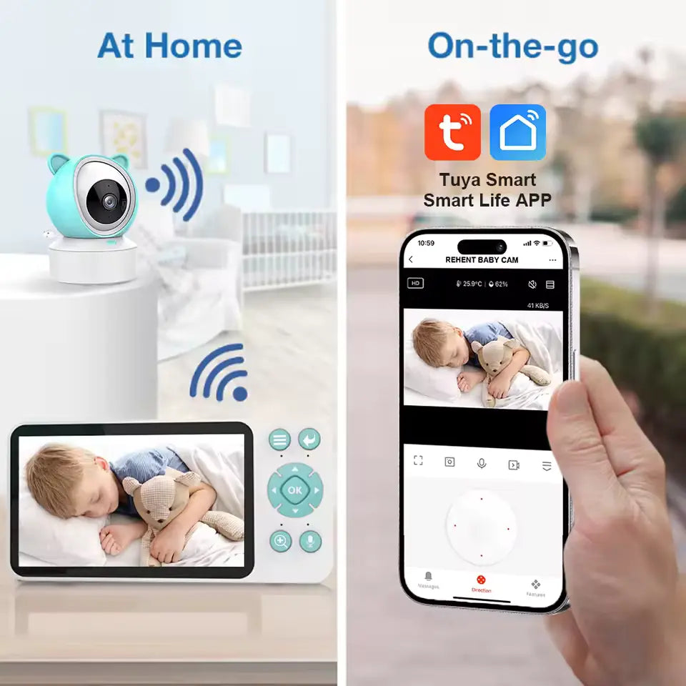 Collage showing a baby monitor at home and a smartphone app on-the-go, with Tuya Smart branding.