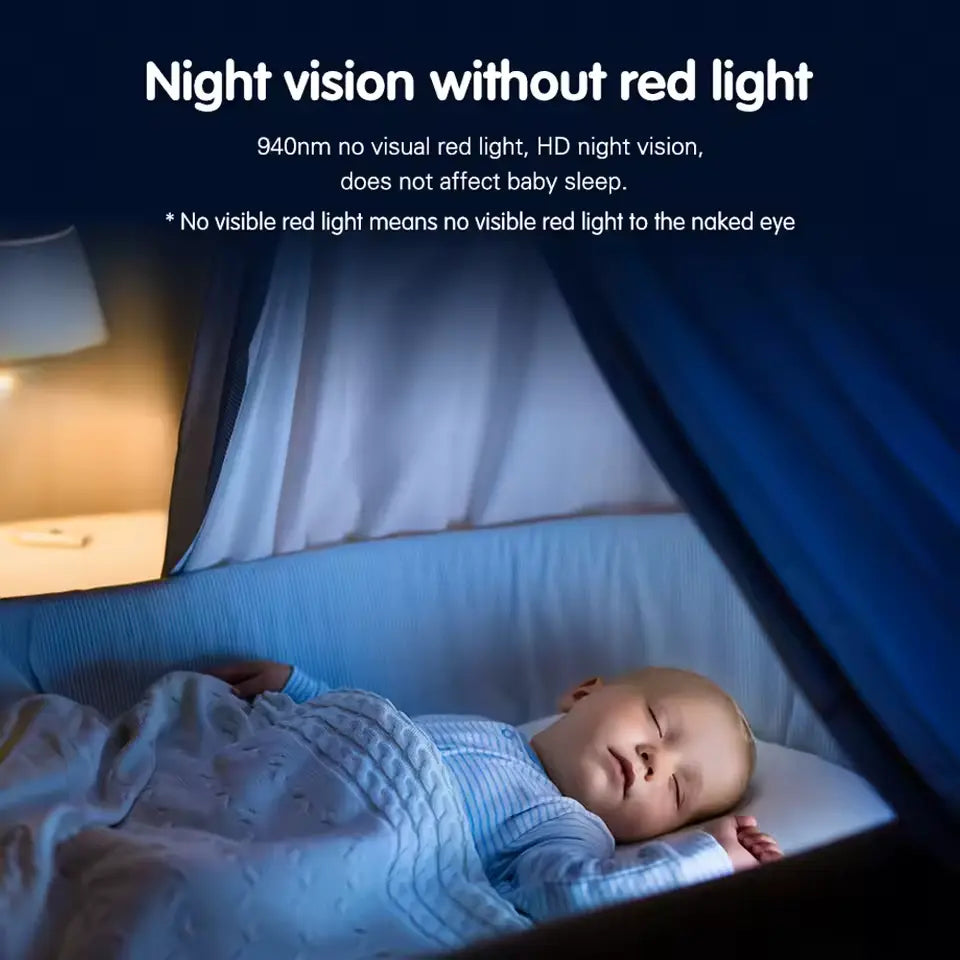 Baby sleeping in a crib with night vision feature, no visible red light.