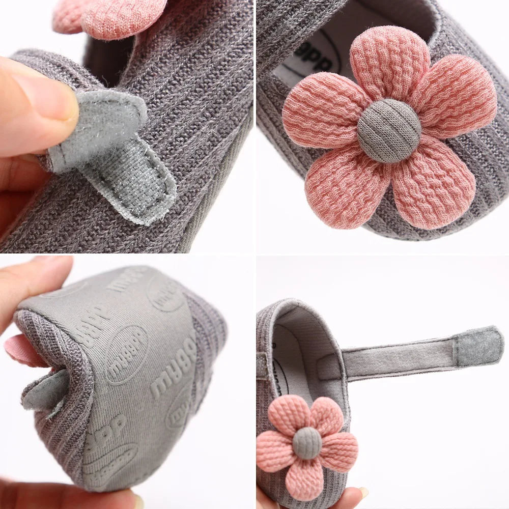 Collage of gray baby booties with pink knitted flowers, showing different angles.