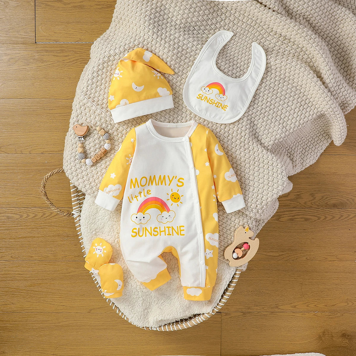 4PCS Baby Girl Cartoon Deer Jumpsuit Set – Bib, Hat & Gloves