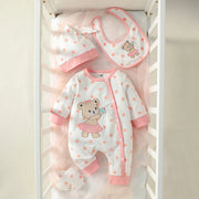2025 Baby Girl 4PCS Bear Embroidered Jumpsuit Set – Bib, Hat & Gloves