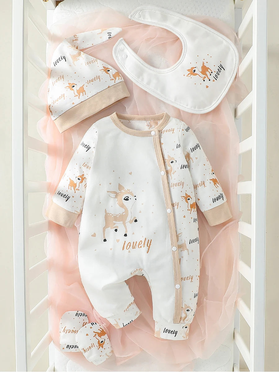 4PCS Baby Girl Cartoon Deer Jumpsuit Set – Bib, Hat & Gloves