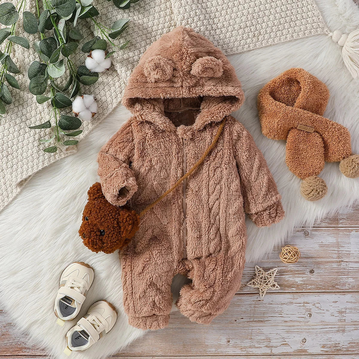 Baby Boys Winter Long Sleeve Soild Plush Hoodie Zipper Fashion Jumpsuit For Newborn Warm Clothes