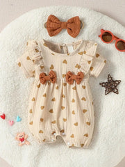 Baby Girl Heart Print Romper Set – Bow & Headband (0–9M)