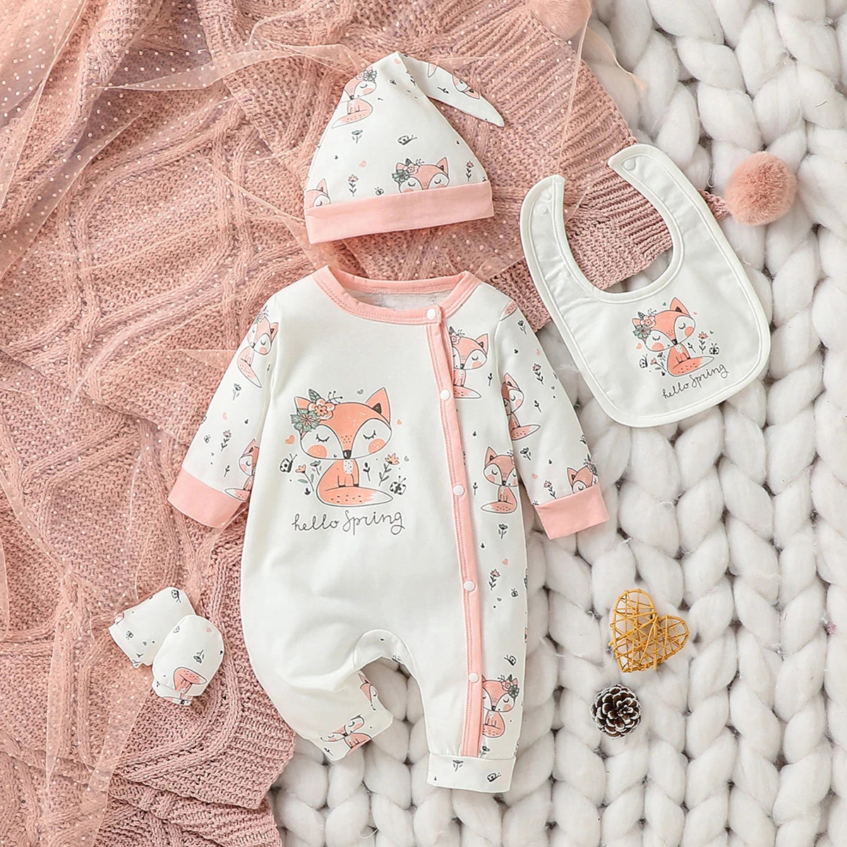 4PCS Baby Girl Cartoon Deer Jumpsuit Set – Bib, Hat & Gloves