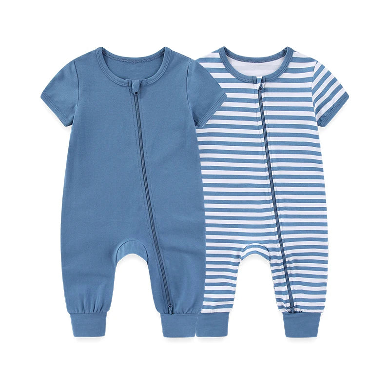 Kiddiezoom 2 Pcs Unisex Solid Short Sleeve Zipper Baby Boy Girl Romper Cotton Soft Newborn Jumpsuits Clothing