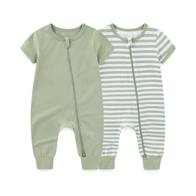 Kiddiezoom 2 Pcs Unisex Solid Short Sleeve Zipper Baby Boy Girl Romper Cotton Soft Newborn Jumpsuits Clothing