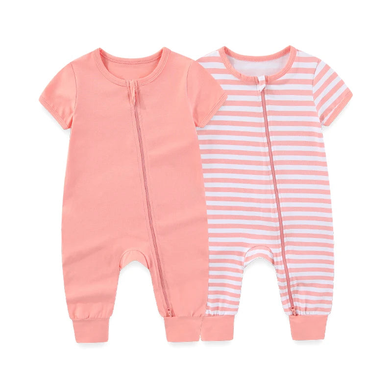 Kiddiezoom 2 Pcs Unisex Solid Short Sleeve Zipper Baby Boy Girl Romper Cotton Soft Newborn Jumpsuits Clothing