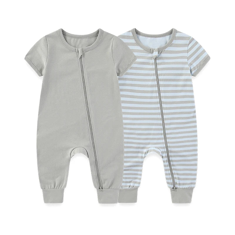 Kiddiezoom 2 Pcs Unisex Solid Short Sleeve Zipper Baby Boy Girl Romper Cotton Soft Newborn Jumpsuits Clothing