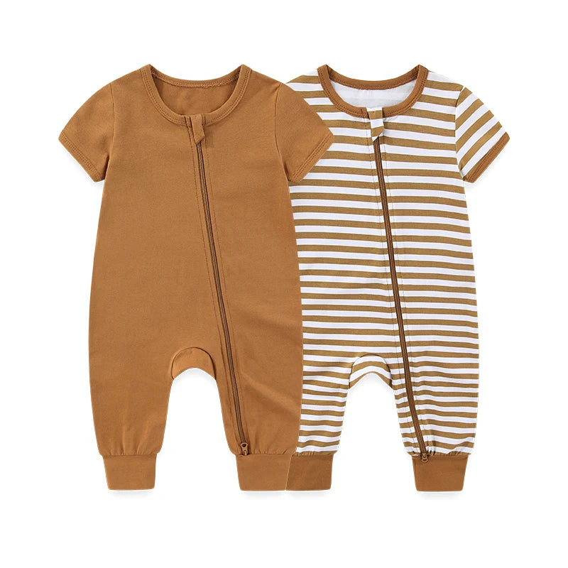 Kiddiezoom 2 Pcs Unisex Solid Short Sleeve Zipper Baby Boy Girl Romper Cotton Soft Newborn Jumpsuits Clothing